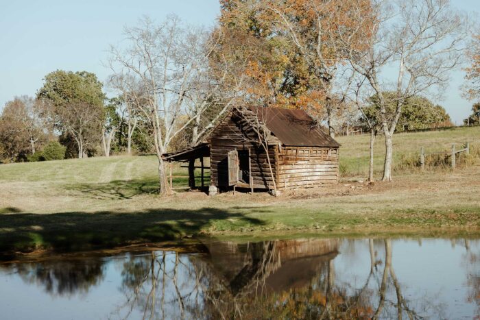 abandoned old wooden house with a lake in front of it and trees around it